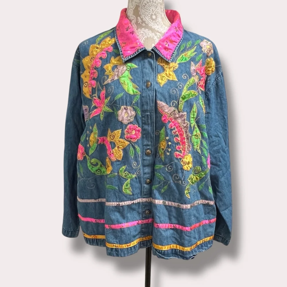 Carolina Blues Plus Denim Jacket 20W Embroidered Floral Boho Pink Collar - Picture 1 of 16